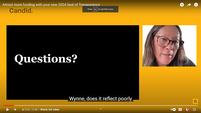 Dorothy Ho asks whether it reflects poorly on an organization to have only a Bronze seal; Wynne Chan explains that a seal at any level showcases the organization’s commitment to transparency.